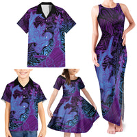 Hawaiian Volcano and Shark Family Matching Tank Maxi Dress and Hawaiian Shirt Polynesian and Hibiscus Pattern Violet Gradient