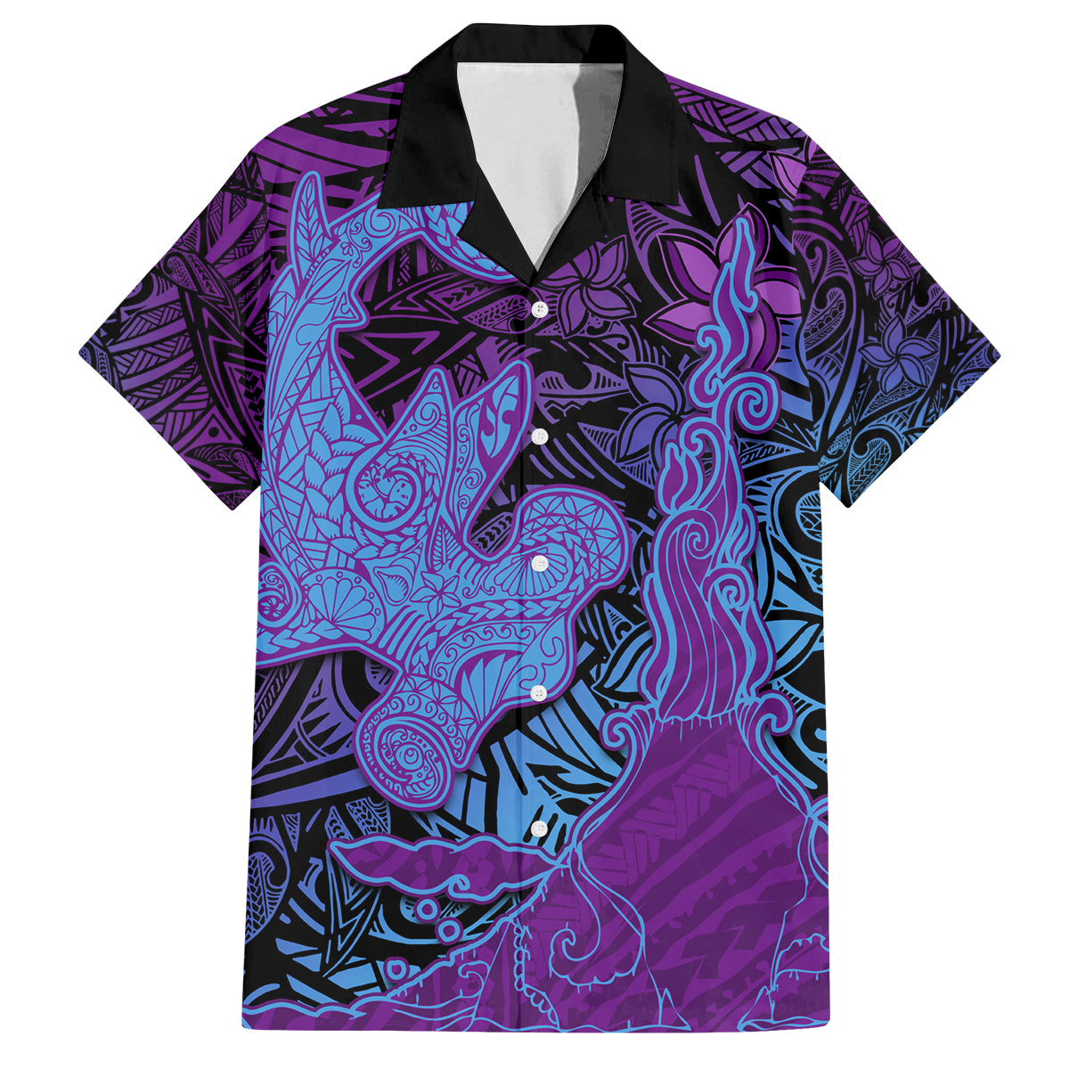 Hawaiian Volcano and Shark Family Matching Tank Maxi Dress and Hawaiian Shirt Polynesian and Hibiscus Pattern Violet Gradient