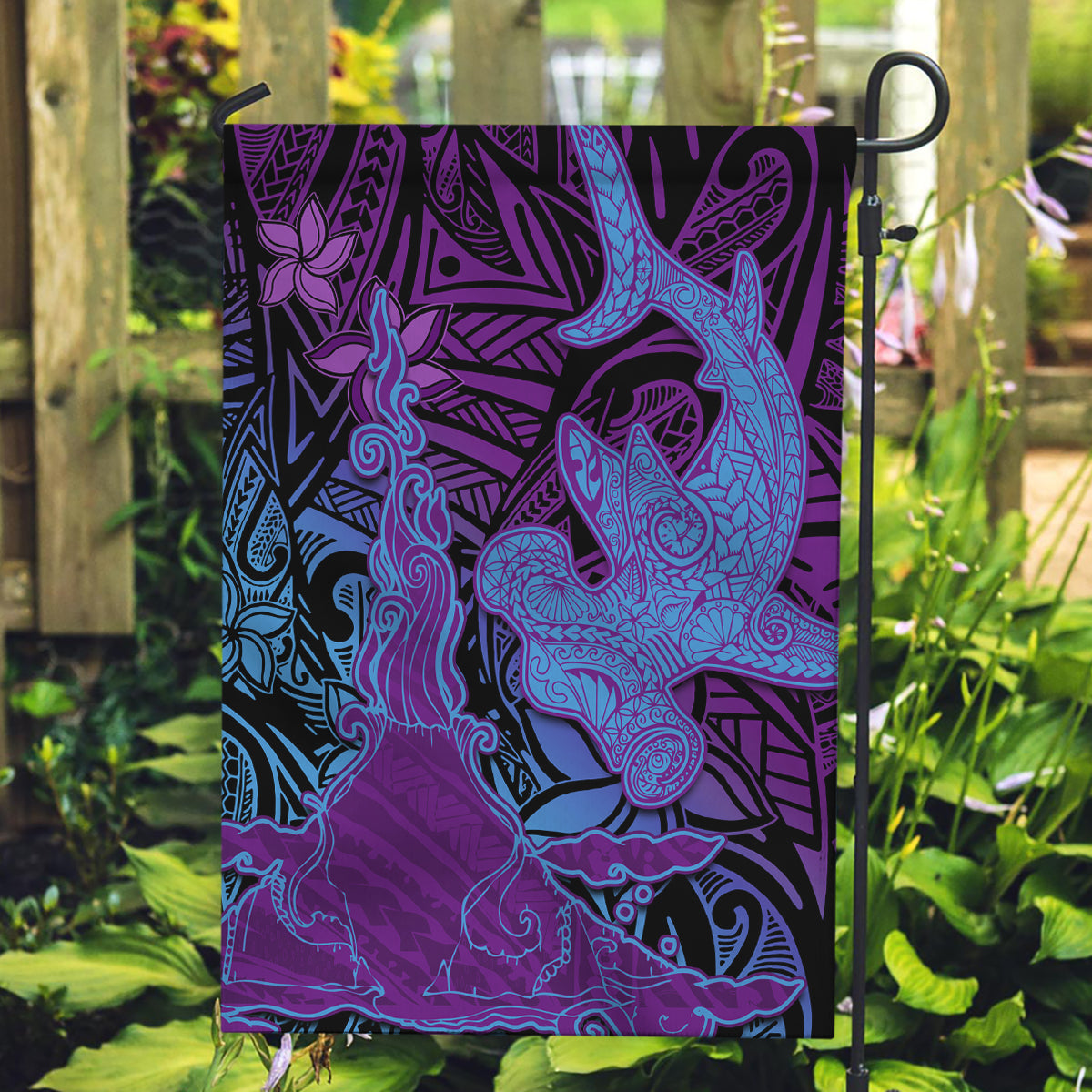 Hawaiian Volcano and Shark Garden Flag Polynesian and Hibiscus Pattern Violet Gradient