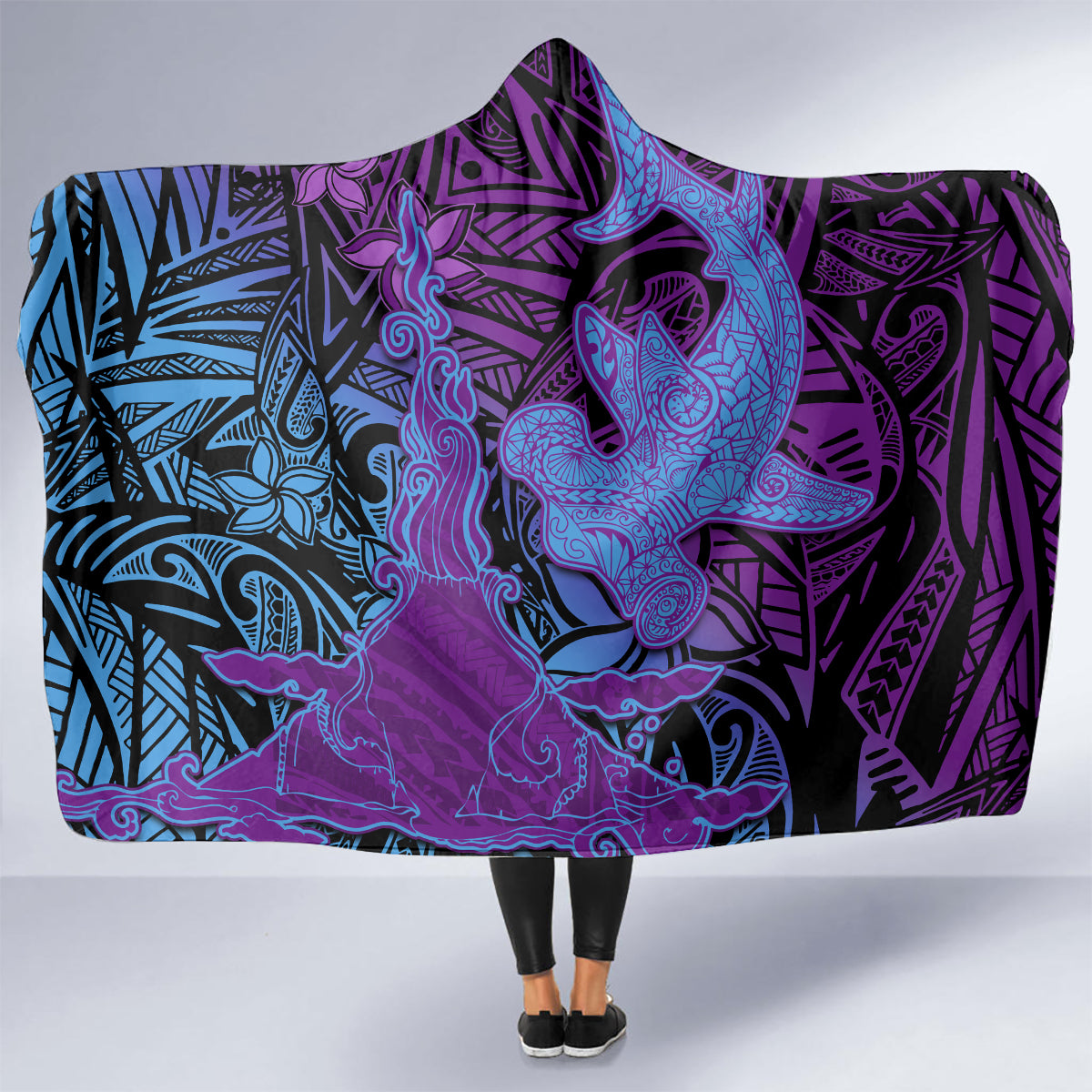 Hawaiian Volcano and Shark Hooded Blanket Polynesian and Hibiscus Pattern Violet Gradient