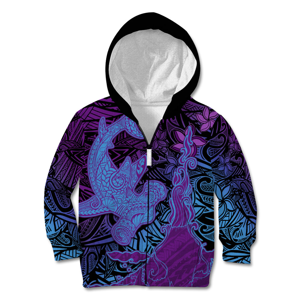 Hawaiian Volcano and Shark Kid Hoodie Polynesian and Hibiscus Pattern Violet Gradient