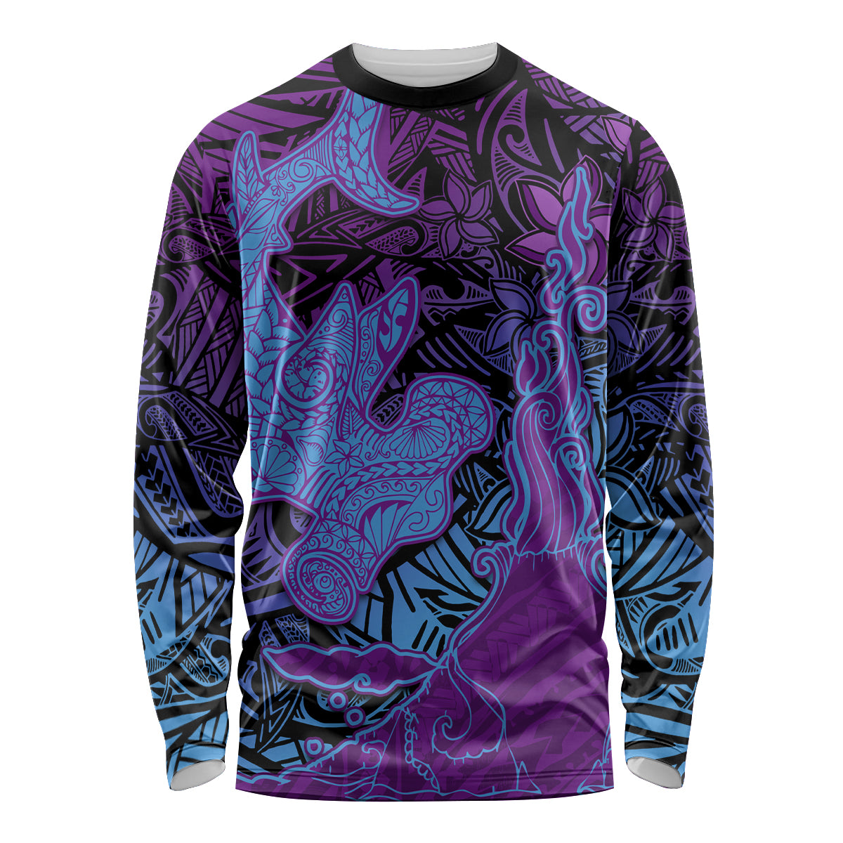 Hawaiian Volcano and Shark Long Sleeve Shirt Polynesian and Hibiscus Pattern Violet Gradient