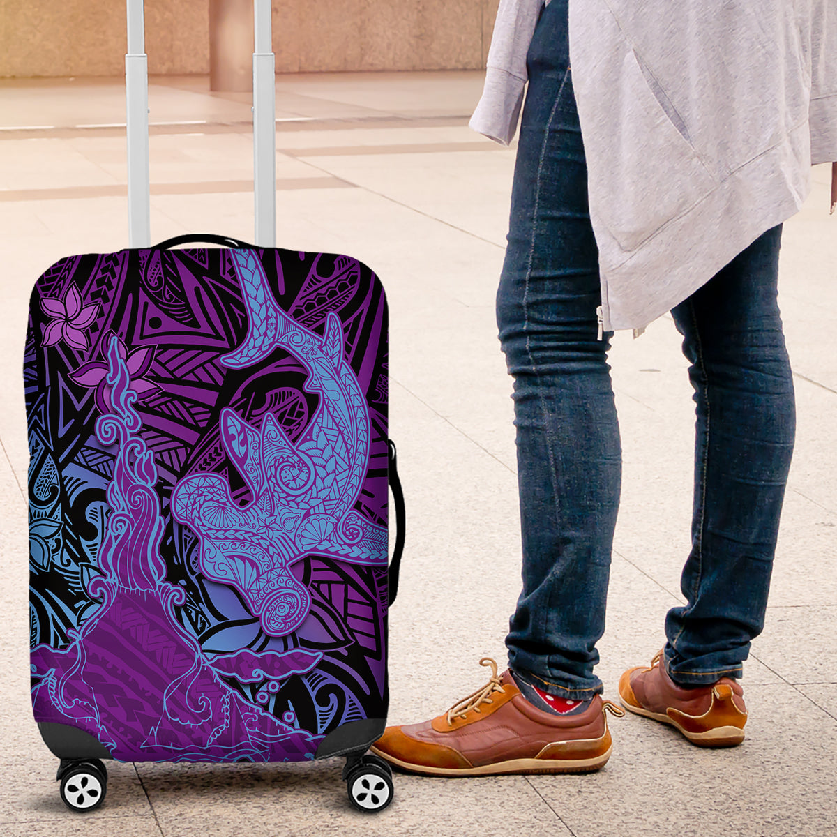 Hawaiian Volcano and Shark Luggage Cover Polynesian and Hibiscus Pattern Violet Gradient