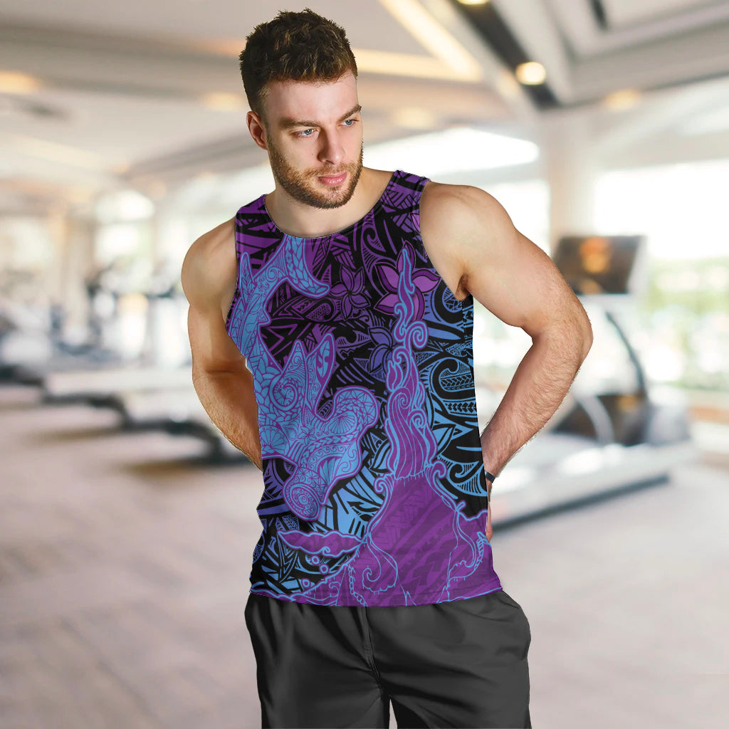 Hawaiian Volcano and Shark Men Tank Top Polynesian and Hibiscus Pattern Violet Gradient