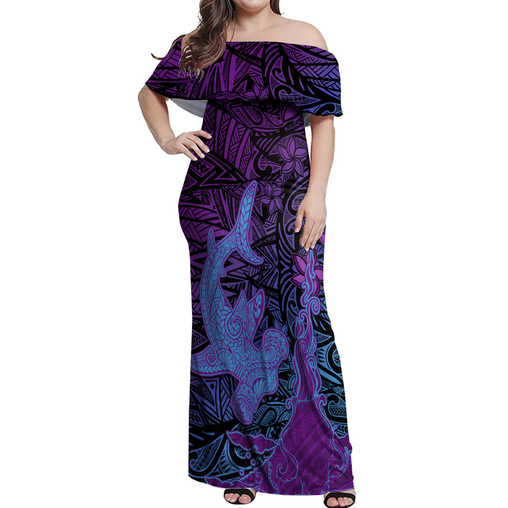 Hawaiian Volcano and Shark Off Shoulder Maxi Dress Polynesian and Hibiscus Pattern Violet Gradient