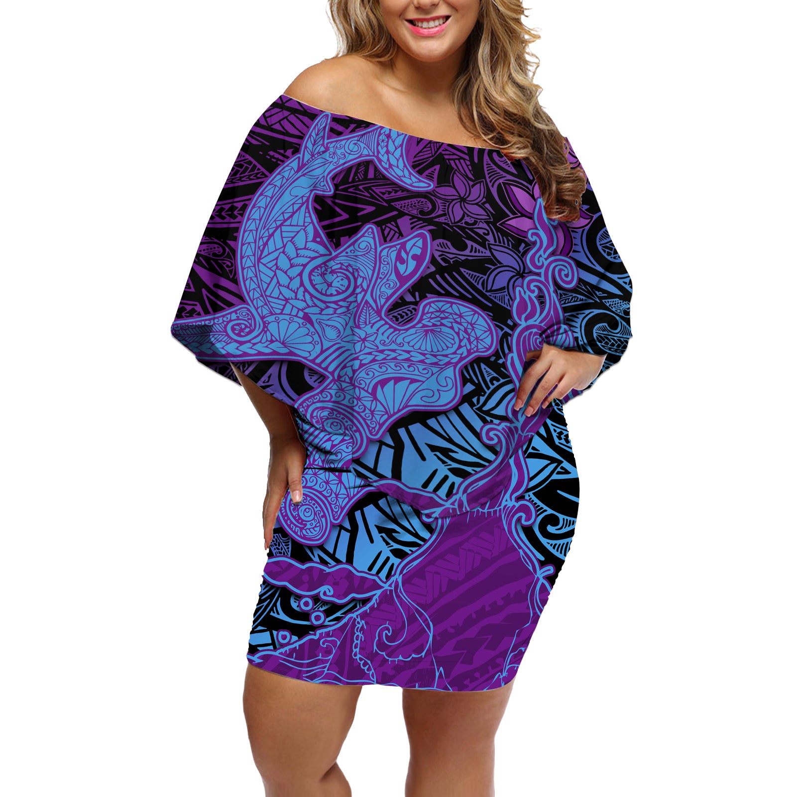 Hawaiian Volcano and Shark Off Shoulder Short Dress Polynesian and Hibiscus Pattern Violet Gradient