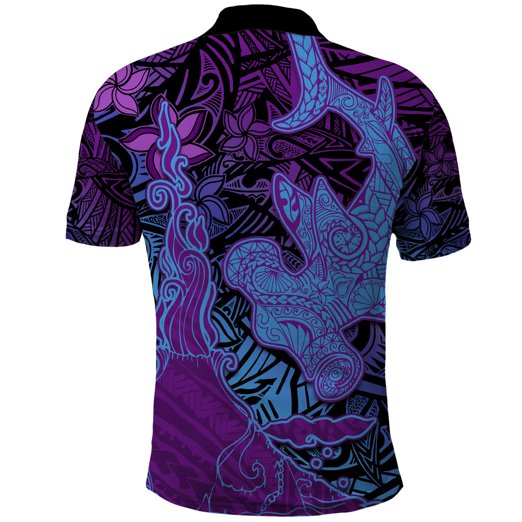 Hawaiian Volcano and Shark Polo Shirt Polynesian and Hibiscus Pattern Violet Gradient