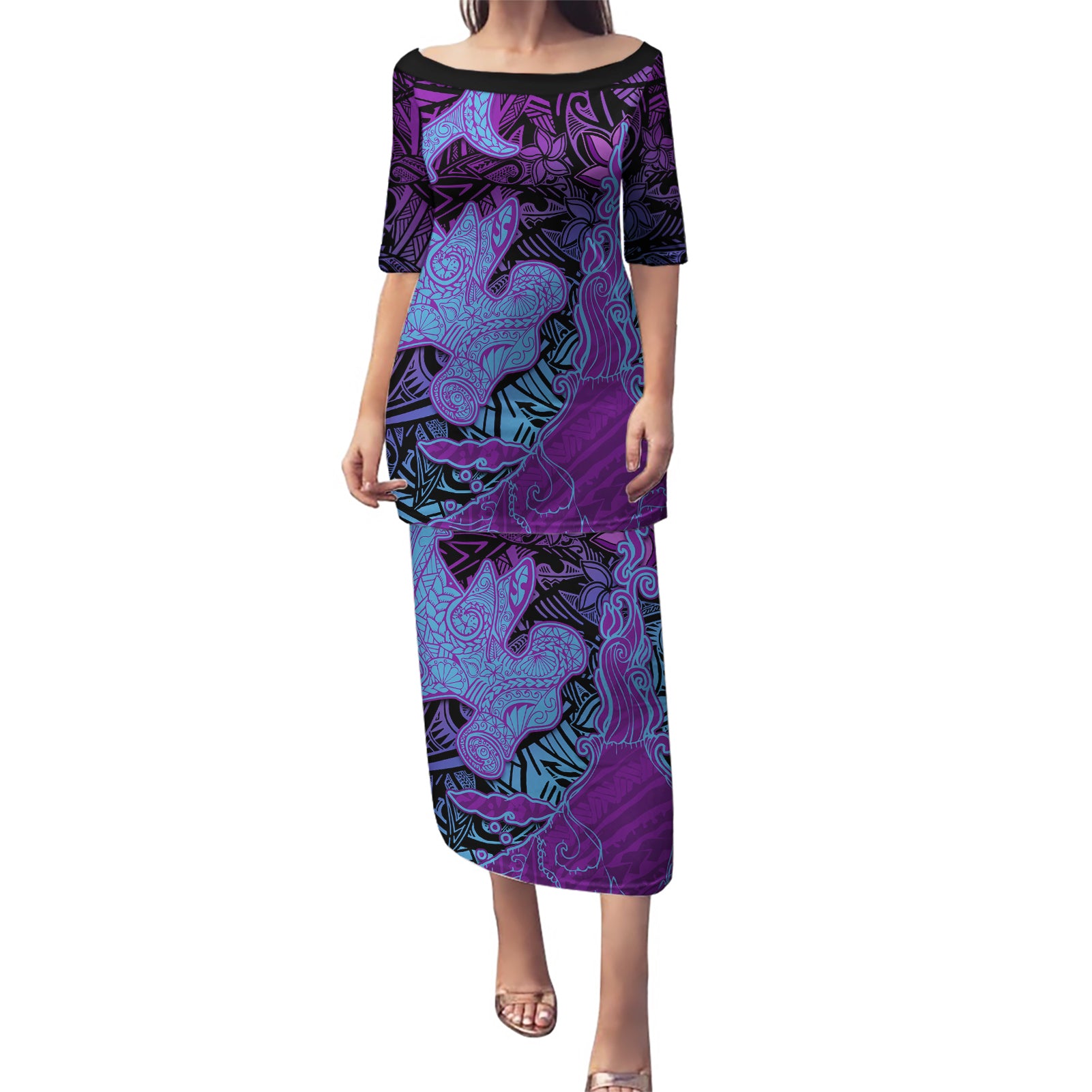 Hawaiian Volcano and Shark Puletasi Polynesian and Hibiscus Pattern Violet Gradient