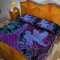 Hawaiian Volcano and Shark Quilt Bed Set Polynesian and Hibiscus Pattern Violet Gradient