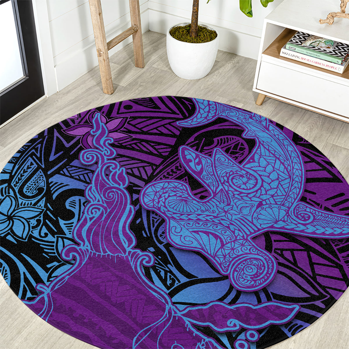 Hawaiian Volcano and Shark Round Carpet Polynesian and Hibiscus Pattern Violet Gradient