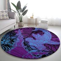 Hawaiian Volcano and Shark Round Carpet Polynesian and Hibiscus Pattern Violet Gradient