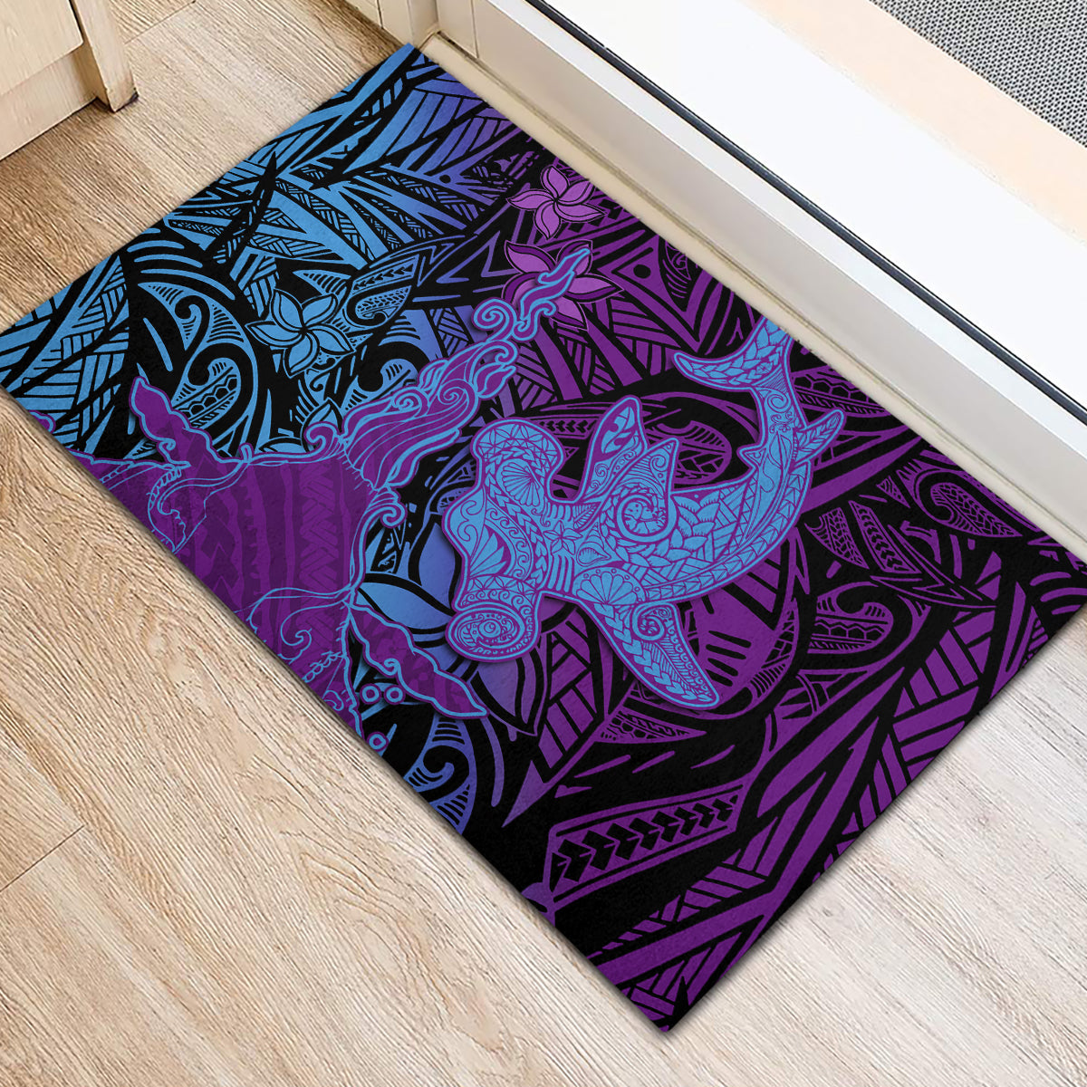 Hawaiian Volcano and Shark Rubber Doormat Polynesian and Hibiscus Pattern Violet Gradient