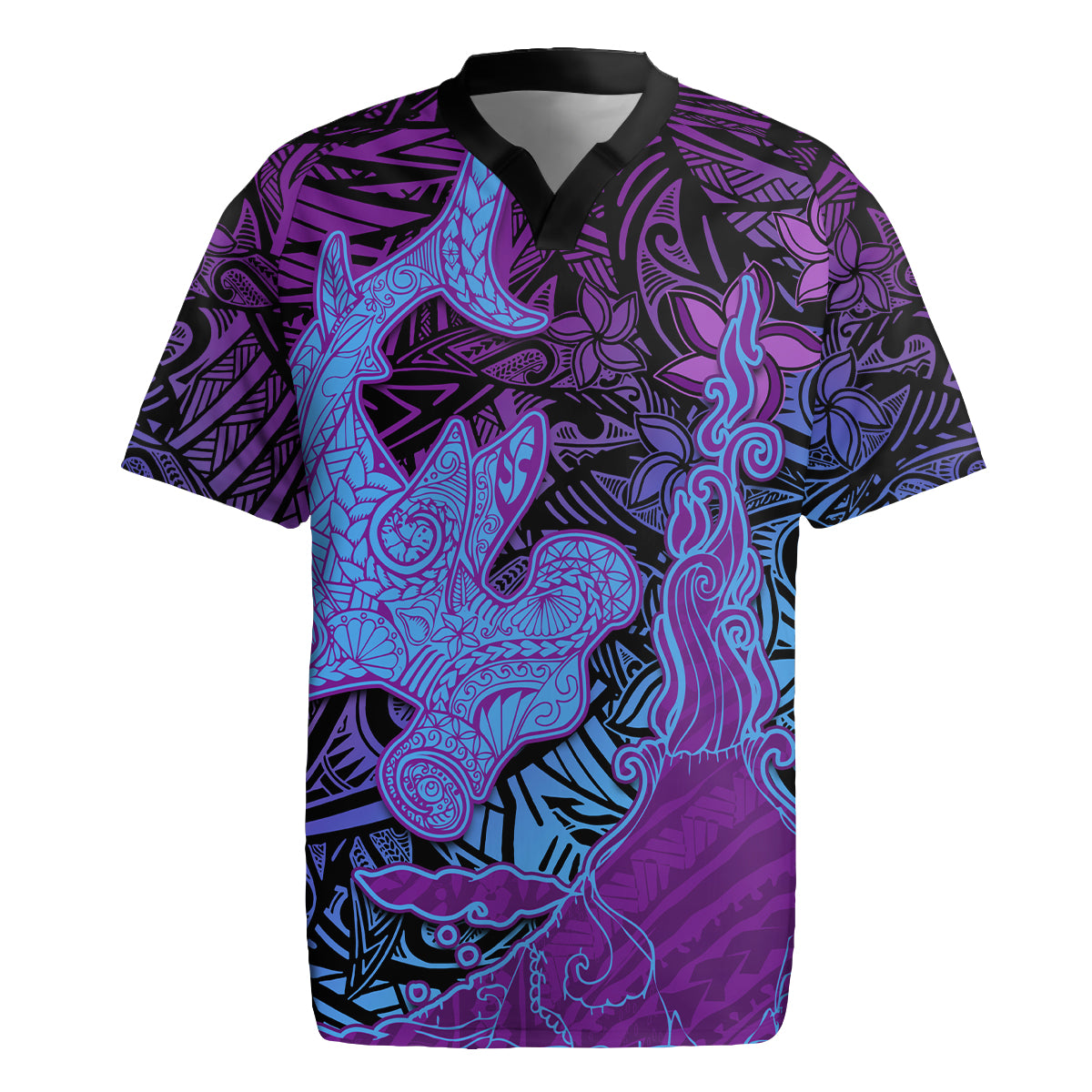Hawaiian Volcano and Shark Rugby Jersey Polynesian and Hibiscus Pattern Violet Gradient