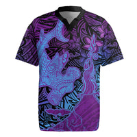 Hawaiian Volcano and Shark Rugby Jersey Polynesian and Hibiscus Pattern Violet Gradient