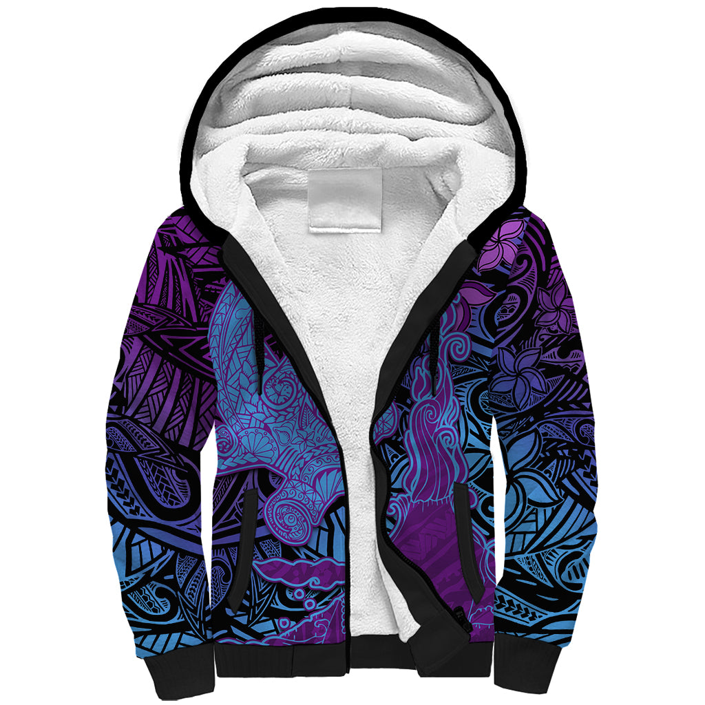 Hawaiian Volcano and Shark Sherpa Hoodie Polynesian and Hibiscus Pattern Violet Gradient