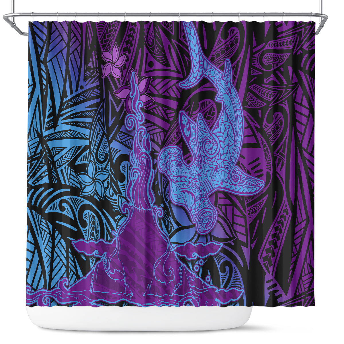 Hawaiian Volcano and Shark Shower Curtain Polynesian and Hibiscus Pattern Violet Gradient