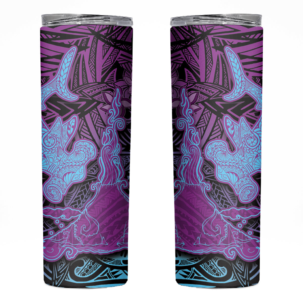 Hawaiian Volcano and Shark Skinny Tumbler Polynesian and Hibiscus Pattern Violet Gradient