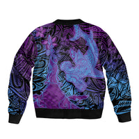 Hawaiian Volcano and Shark Sleeve Zip Bomber Jacket Polynesian and Hibiscus Pattern Violet Gradient