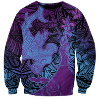 Hawaiian Volcano and Shark Sweatshirt Polynesian and Hibiscus Pattern Violet Gradient