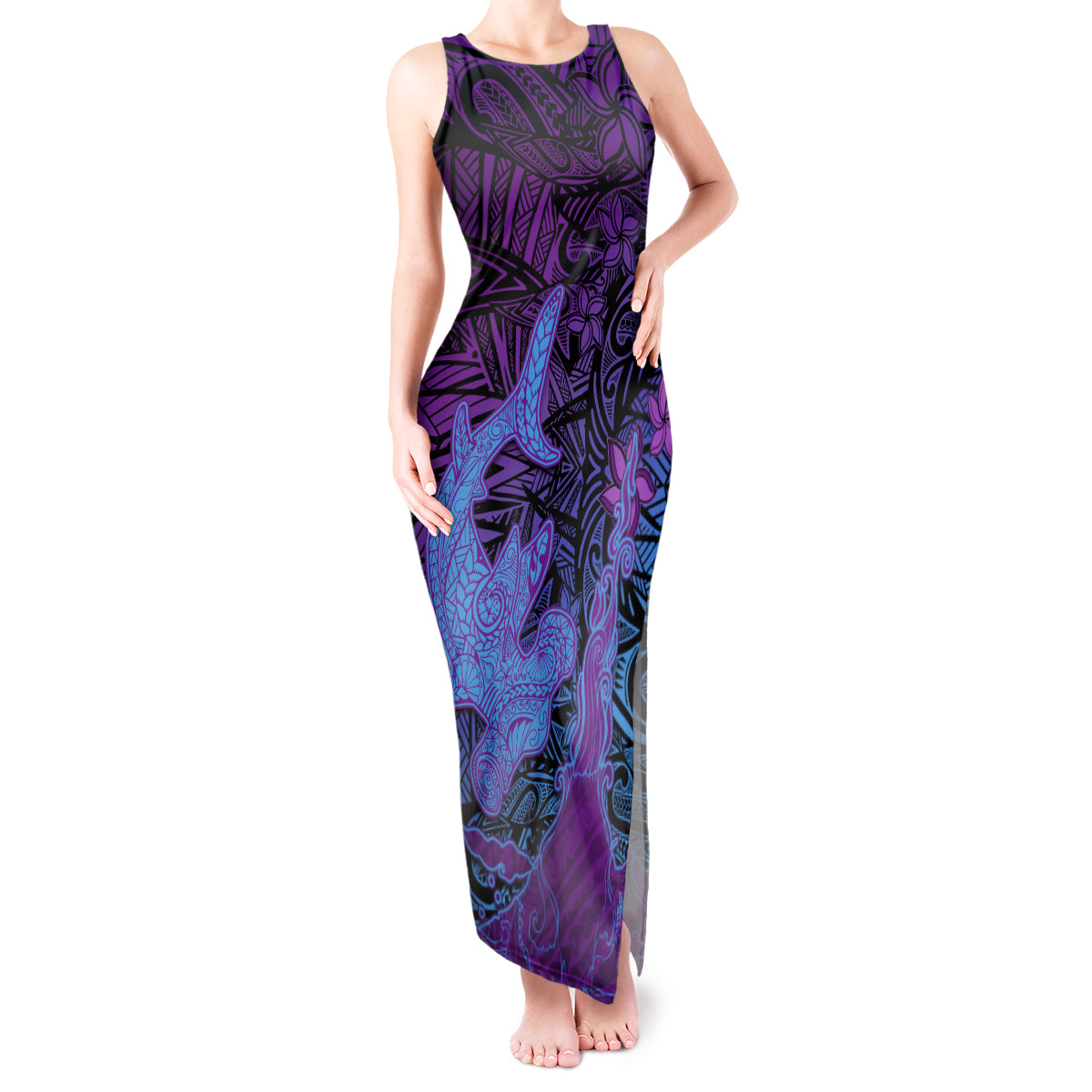 Hawaiian Volcano and Shark Tank Maxi Dress Polynesian and Hibiscus Pattern Violet Gradient