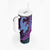 Hawaiian Volcano and Shark Tumbler With Handle Polynesian and Hibiscus Pattern Violet Gradient