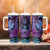 Hawaiian Volcano and Shark Tumbler With Handle Polynesian and Hibiscus Pattern Violet Gradient