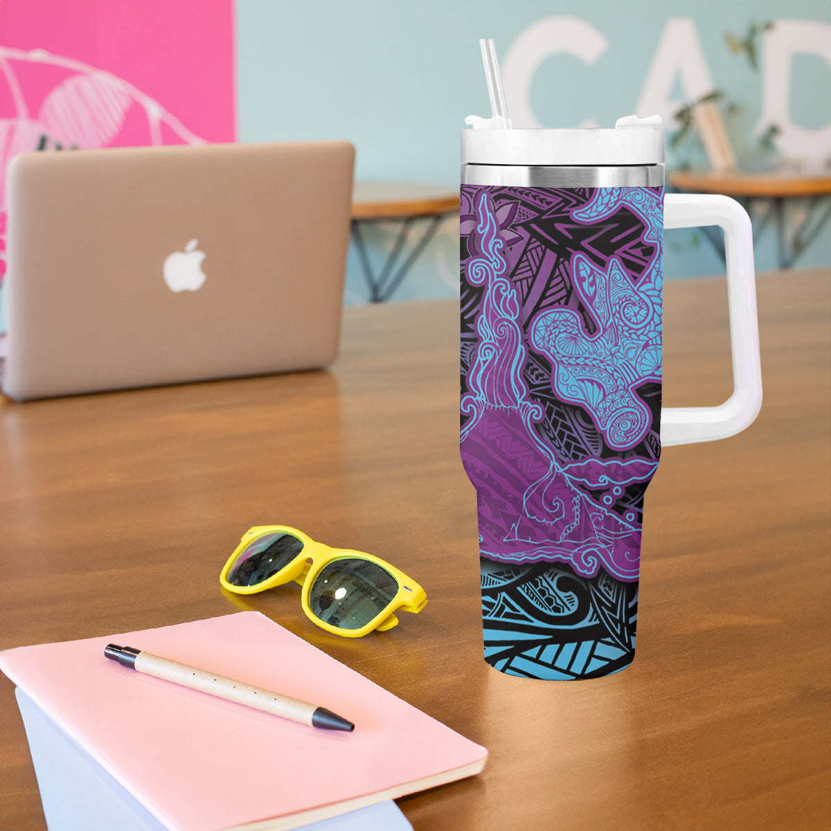 Hawaiian Volcano and Shark Tumbler With Handle Polynesian and Hibiscus Pattern Violet Gradient