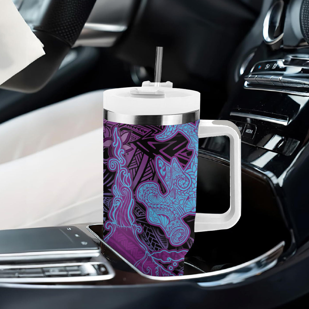 Hawaiian Volcano and Shark Tumbler With Handle Polynesian and Hibiscus Pattern Violet Gradient