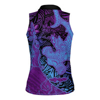 Hawaiian Volcano and Shark Women Sleeveless Polo Shirt Polynesian and Hibiscus Pattern Violet Gradient