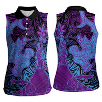 Hawaiian Volcano and Shark Women Sleeveless Polo Shirt Polynesian and Hibiscus Pattern Violet Gradient