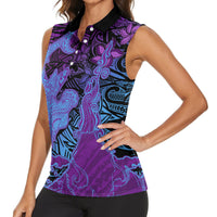 Hawaiian Volcano and Shark Women Sleeveless Polo Shirt Polynesian and Hibiscus Pattern Violet Gradient