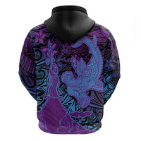 Hawaiian Volcano and Shark Zip Hoodie Polynesian and Hibiscus Pattern Violet Gradient