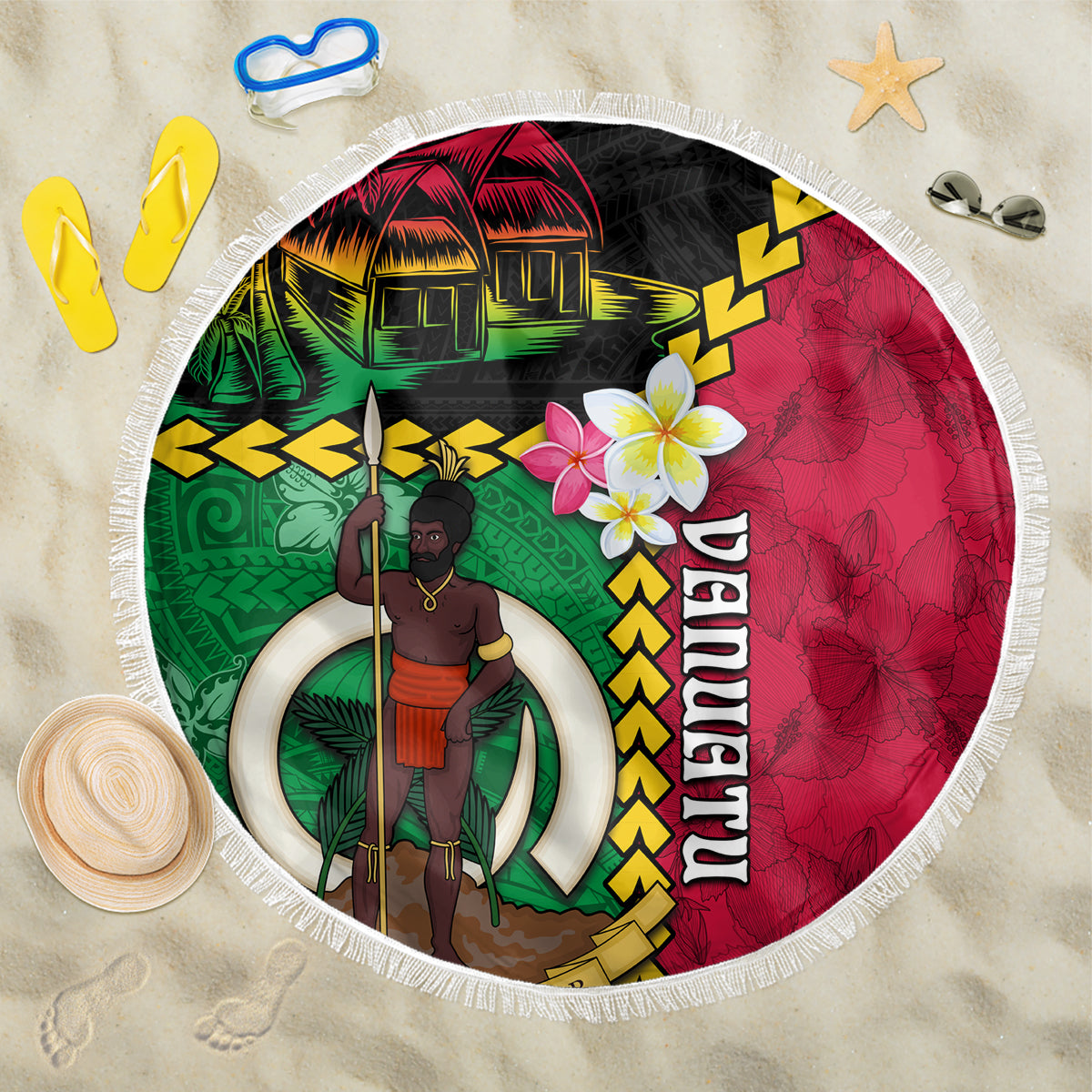 Vanuatu Nakamal and Plumeria Flowers Beach Blanket Polynesian Pattern LT03 One Size 150cm Black - Polynesian Pride