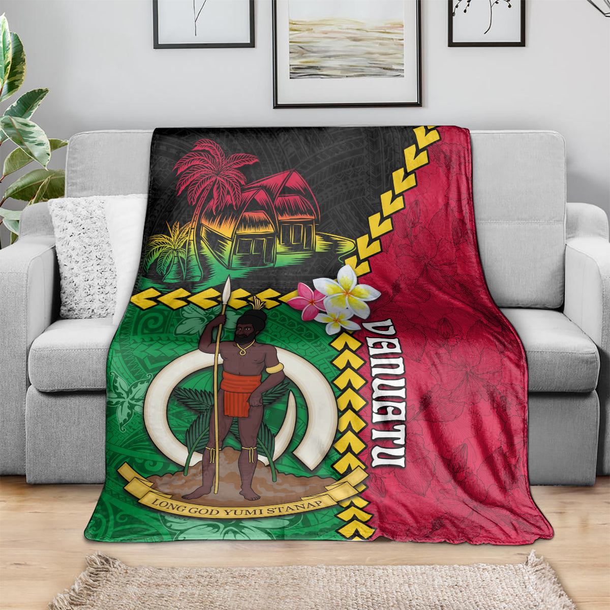 Vanuatu Nakamal and Plumeria Flowers Blanket Polynesian Pattern LT03 - Polynesian Pride