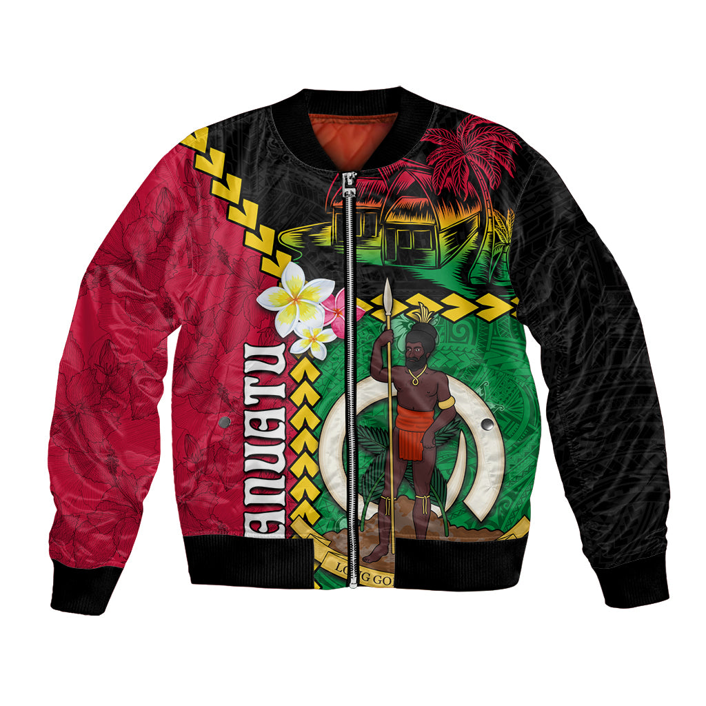 Vanuatu Nakamal and Plumeria Flowers Bomber Jacket Polynesian Pattern LT03 Unisex Black - Polynesian Pride