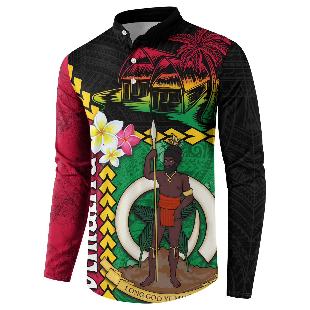 Vanuatu Nakamal and Plumeria Flowers Button Sweatshirt Polynesian Pattern LT03 - Polynesian Pride