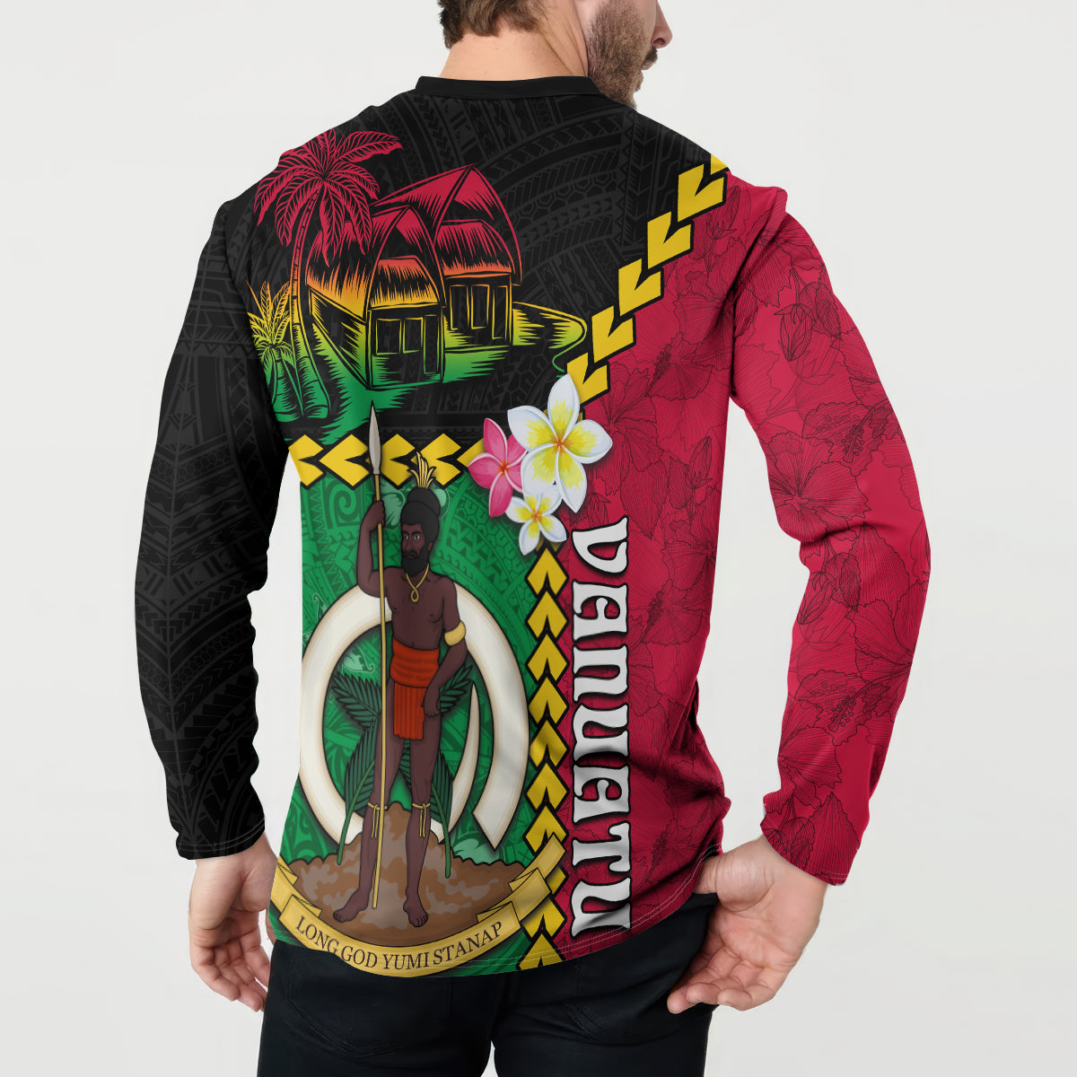 Vanuatu Nakamal and Plumeria Flowers Button Sweatshirt Polynesian Pattern LT03 - Polynesian Pride