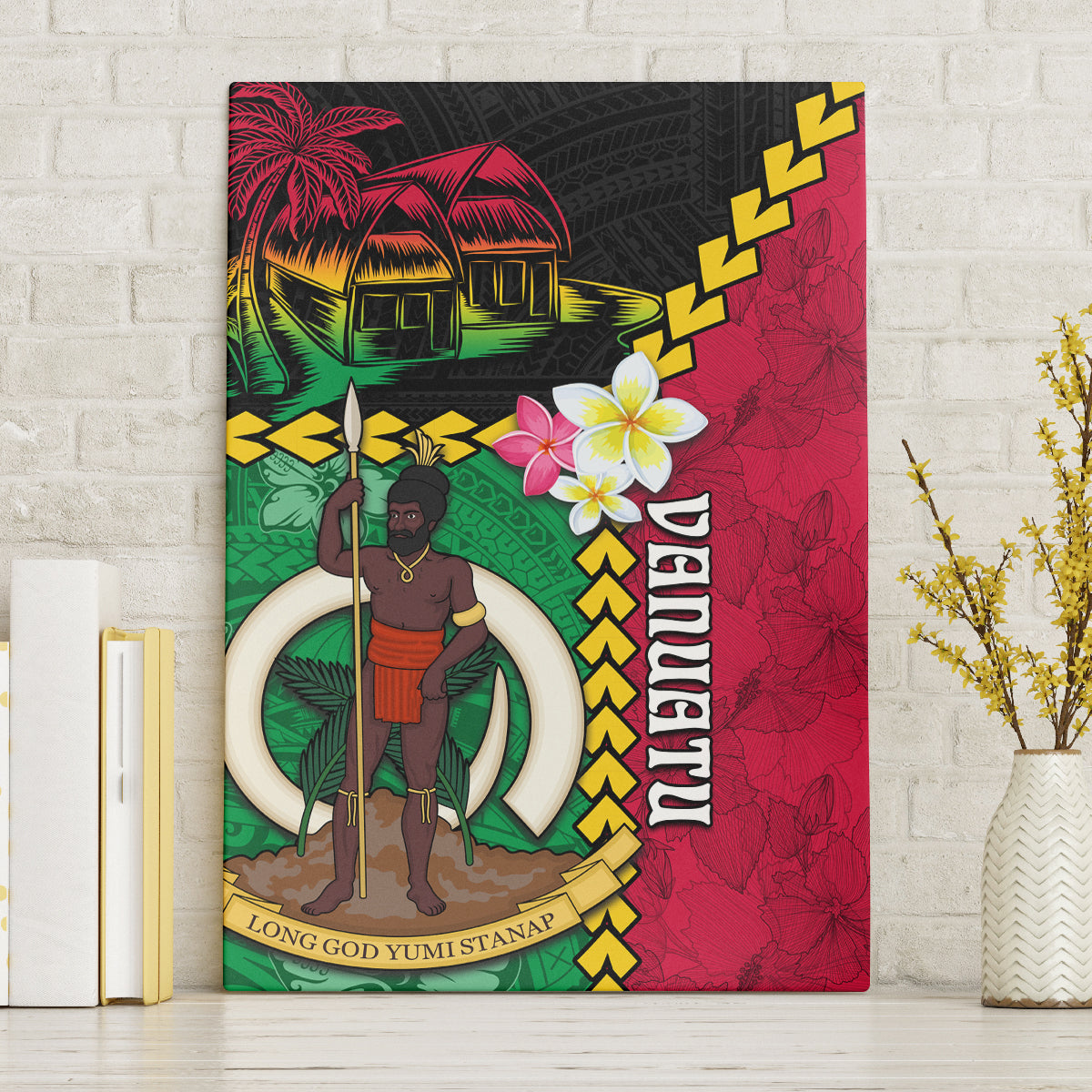 Vanuatu Nakamal and Plumeria Flowers Canvas Wall Art Polynesian Pattern LT03 Without Frame Black - Polynesian Pride