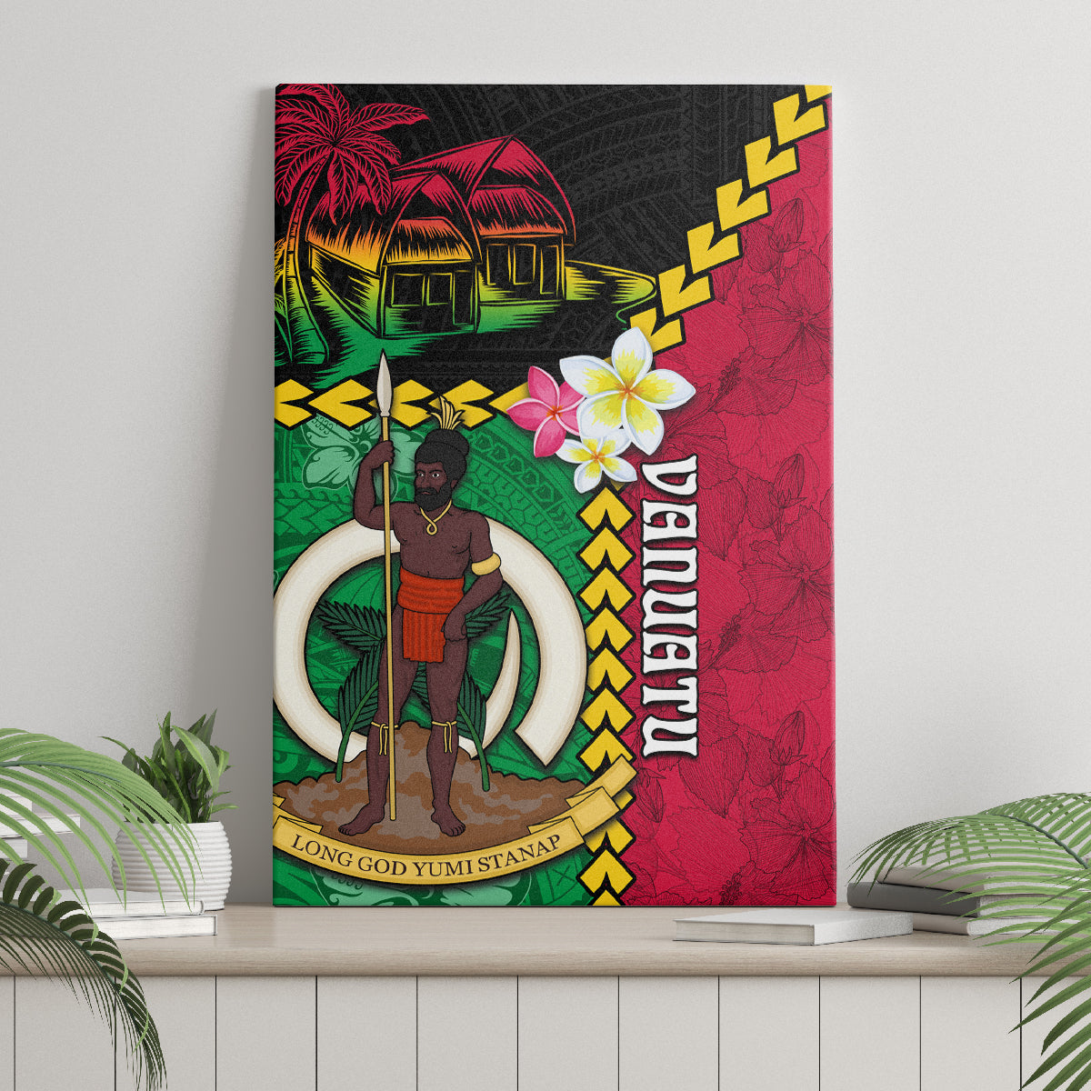 Vanuatu Nakamal and Plumeria Flowers Canvas Wall Art Polynesian Pattern LT03 - Polynesian Pride
