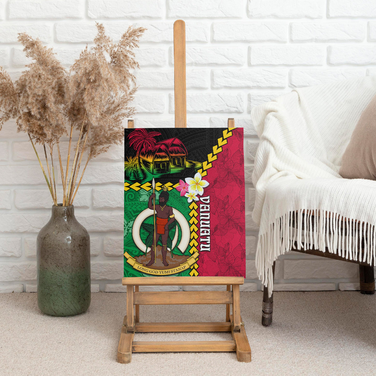 Vanuatu Nakamal and Plumeria Flowers Canvas Wall Art Polynesian Pattern LT03 - Polynesian Pride