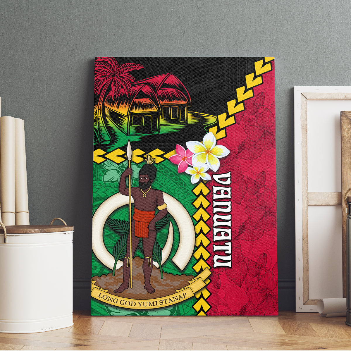 Vanuatu Nakamal and Plumeria Flowers Canvas Wall Art Polynesian Pattern LT03 - Polynesian Pride