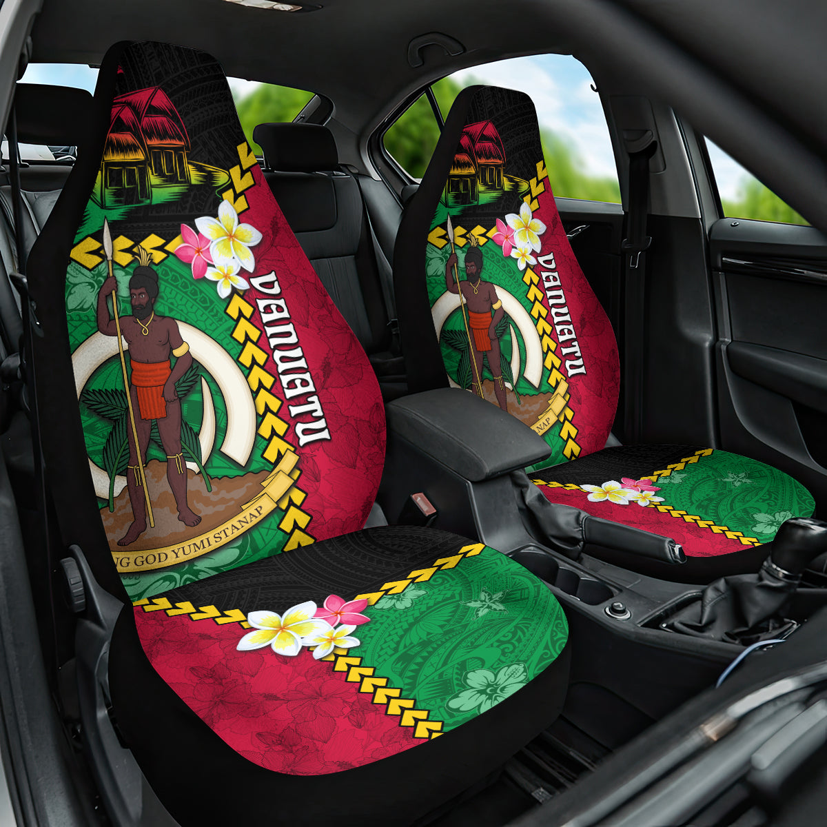 Vanuatu Nakamal and Plumeria Flowers Car Seat Cover Polynesian Pattern