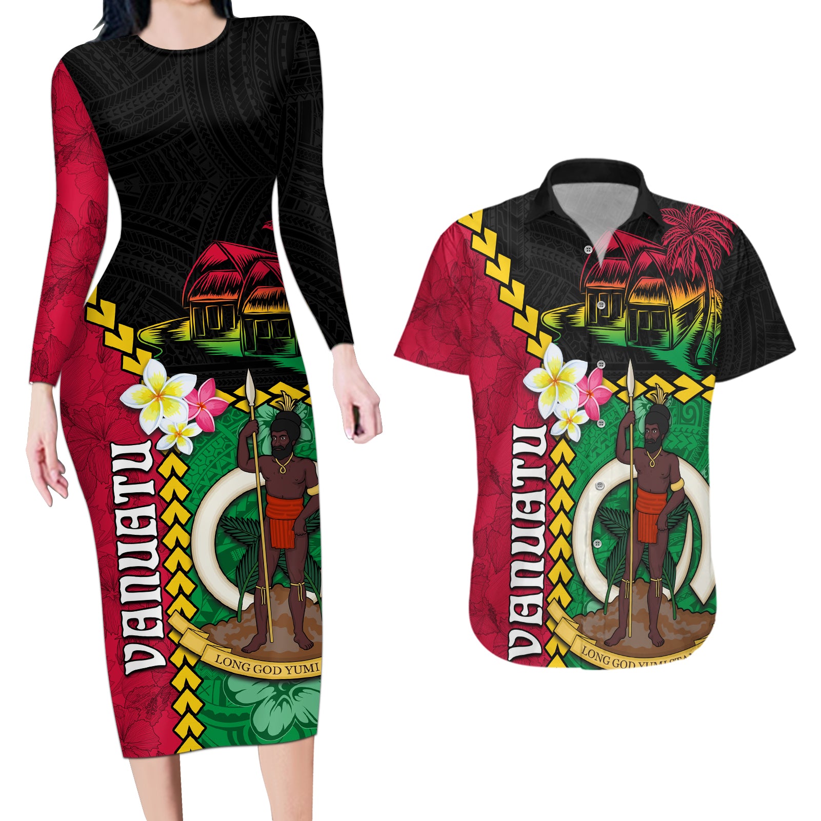 Vanuatu Nakamal and Plumeria Flowers Couples Matching Long Sleeve Bodycon Dress and Hawaiian Shirt Polynesian Pattern