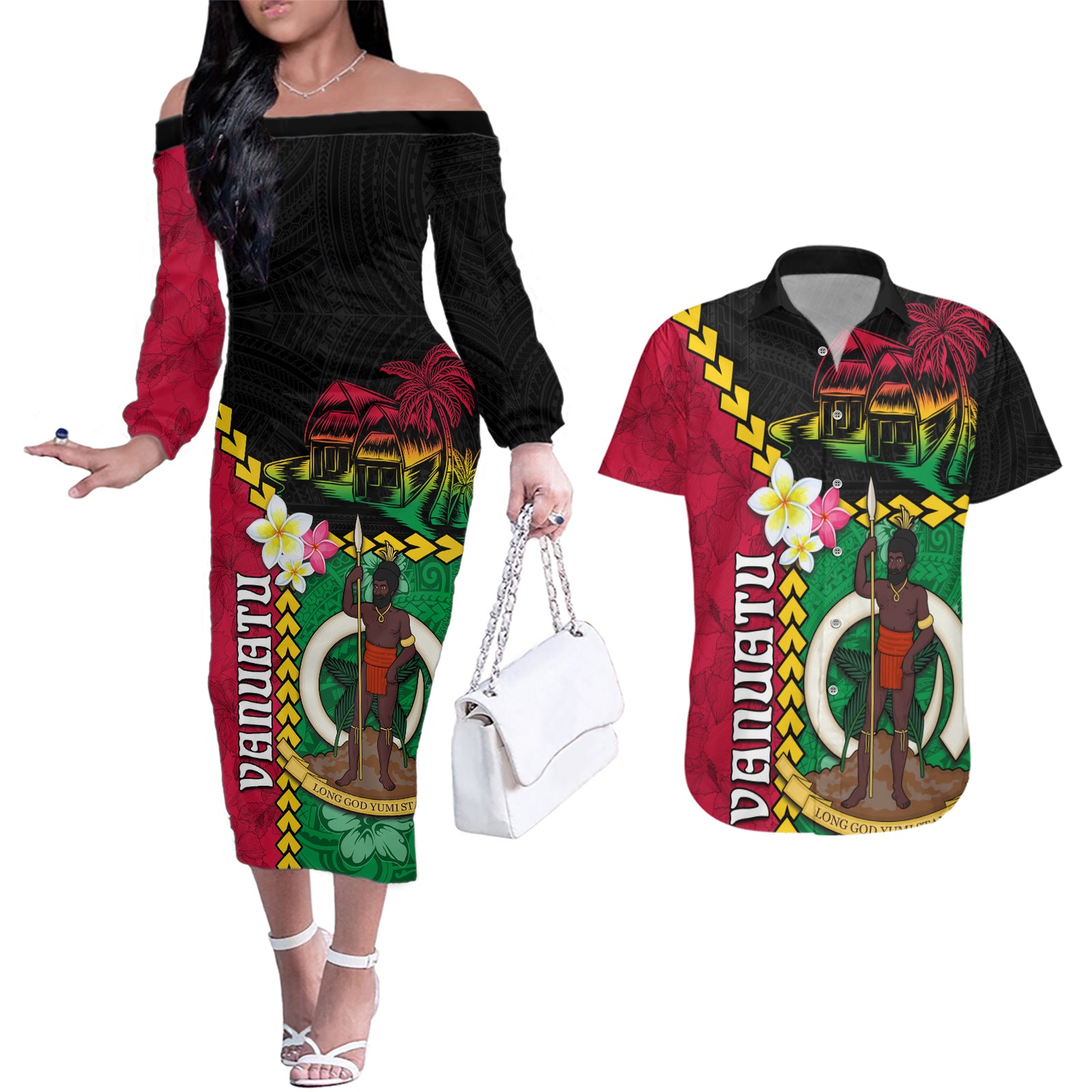 Vanuatu Nakamal and Plumeria Flowers Couples Matching Off The Shoulder Long Sleeve Dress and Hawaiian Shirt Polynesian Pattern LT03 Black - Polynesian Pride