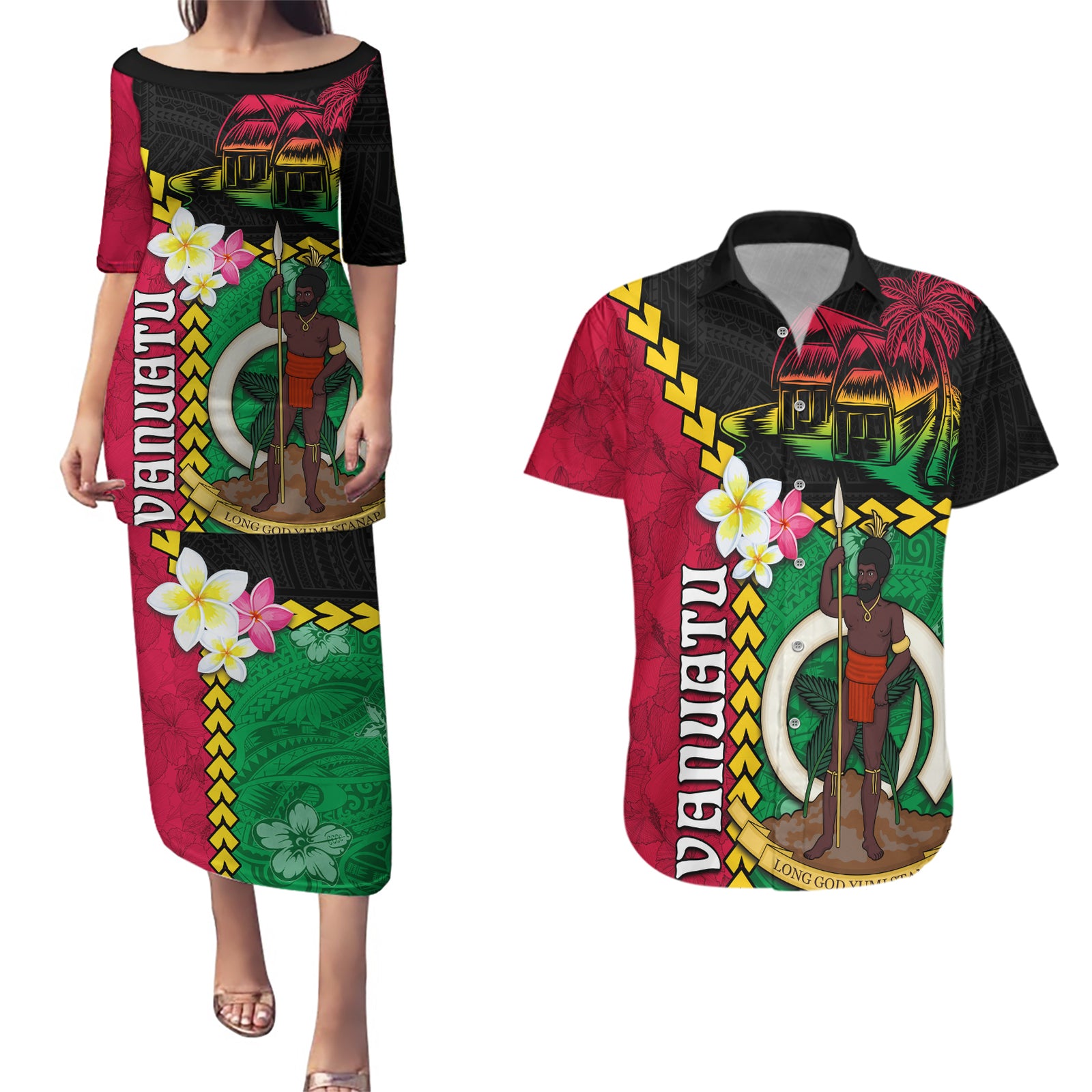 Vanuatu Nakamal and Plumeria Flowers Couples Matching Puletasi and Hawaiian Shirt Polynesian Pattern LT03 Black - Polynesian Pride