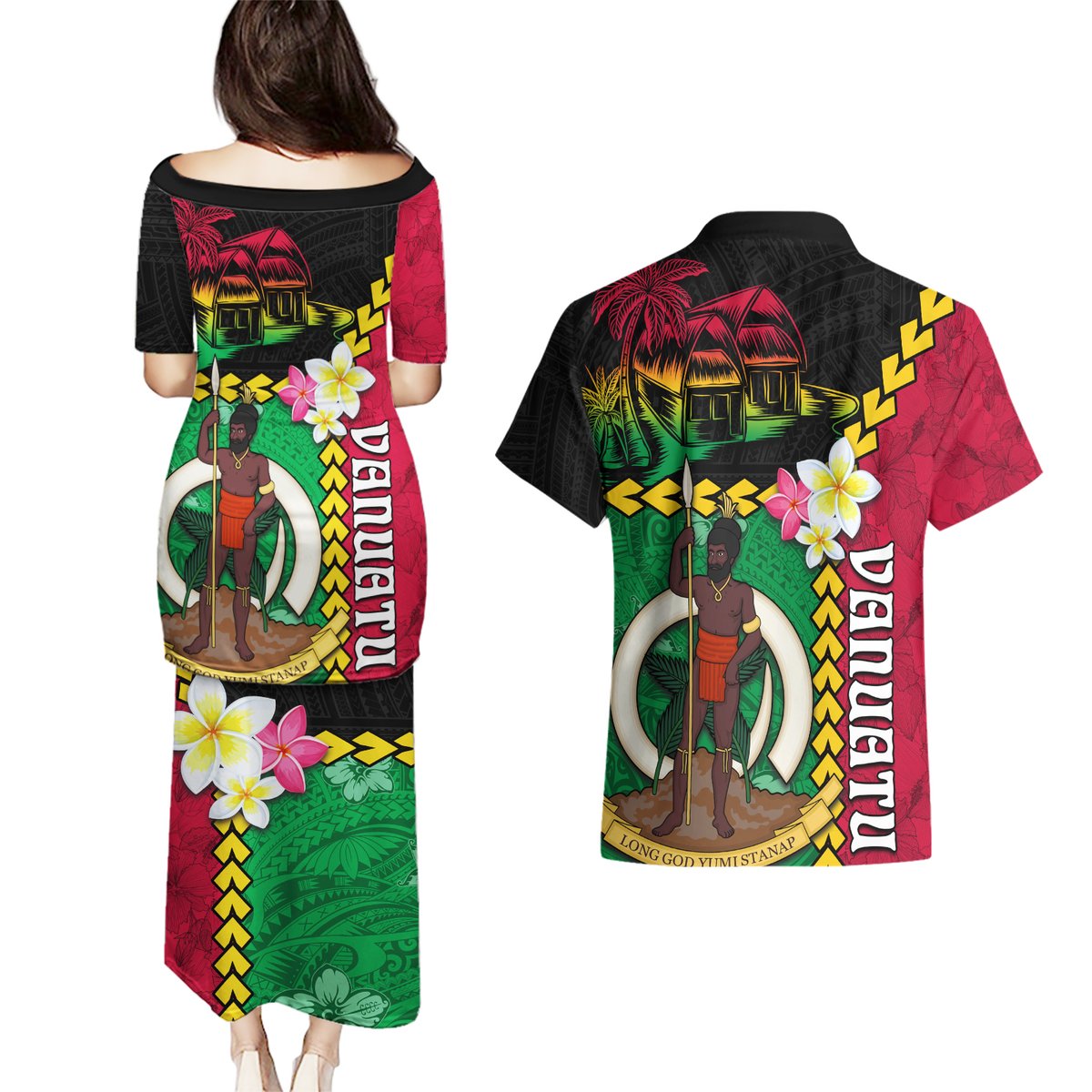 Vanuatu Nakamal and Plumeria Flowers Couples Matching Puletasi and Hawaiian Shirt Polynesian Pattern LT03 - Polynesian Pride