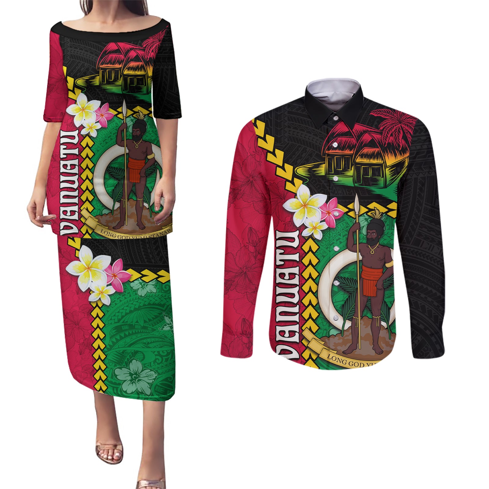 Vanuatu Nakamal and Plumeria Flowers Couples Matching Puletasi and Long Sleeve Button Shirt Polynesian Pattern LT03 Black - Polynesian Pride