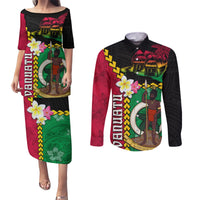 Vanuatu Nakamal and Plumeria Flowers Couples Matching Puletasi and Long Sleeve Button Shirt Polynesian Pattern LT03 Black - Polynesian Pride