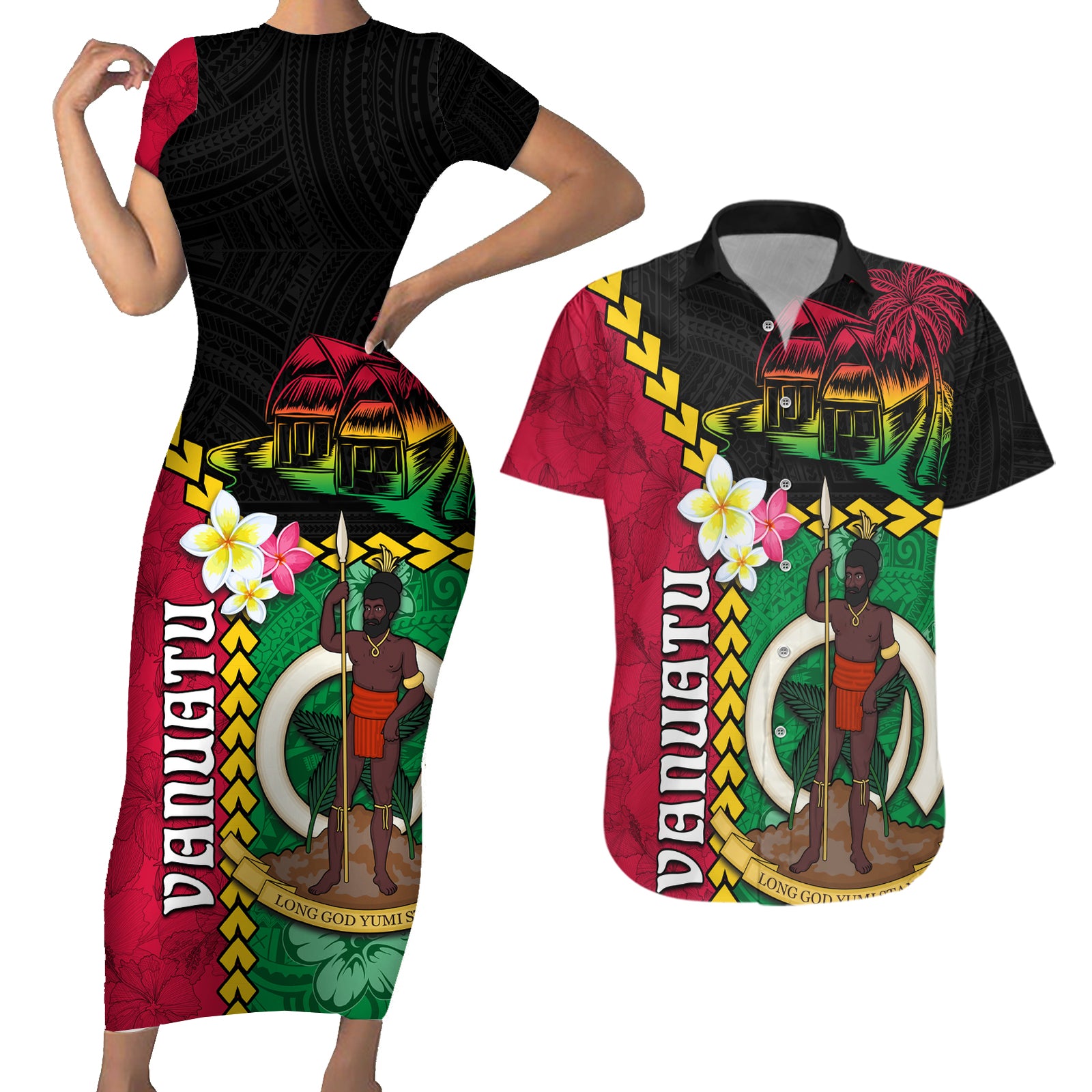 Vanuatu Nakamal and Plumeria Flowers Couples Matching Short Sleeve Bodycon Dress and Hawaiian Shirt Polynesian Pattern LT03 Black - Polynesian Pride