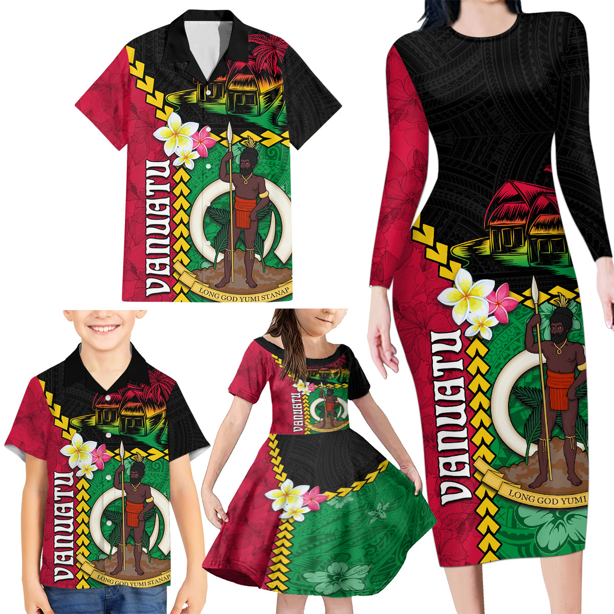 Vanuatu Nakamal and Plumeria Flowers Family Matching Long Sleeve Bodycon Dress and Hawaiian Shirt Polynesian Pattern